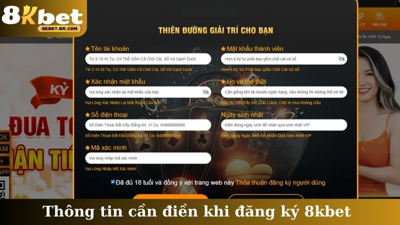 Thông tin cần điền khi đăng ký 8kbet